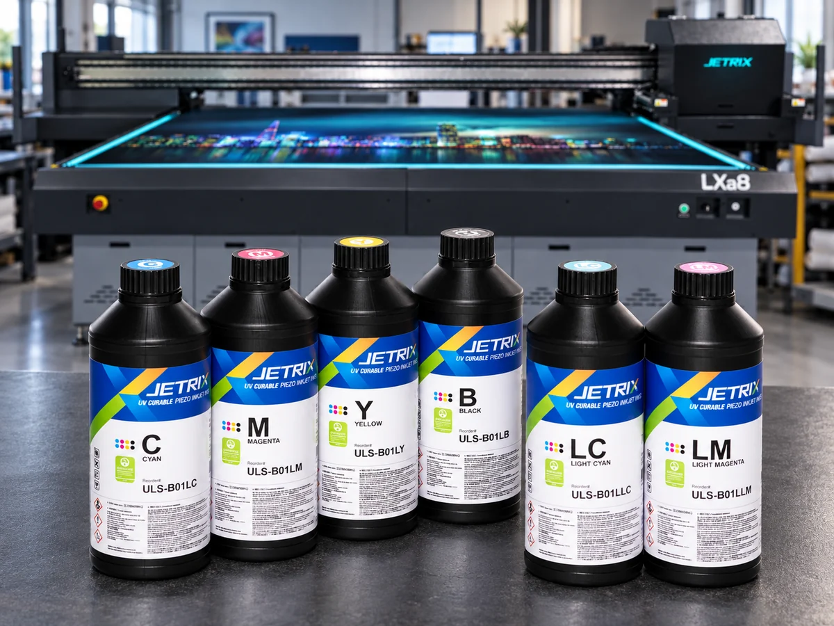 Atramenty JETRIX ULS: C, M, Y, B, LC a LM na pozadí tlačiarne JETRIX LXa8